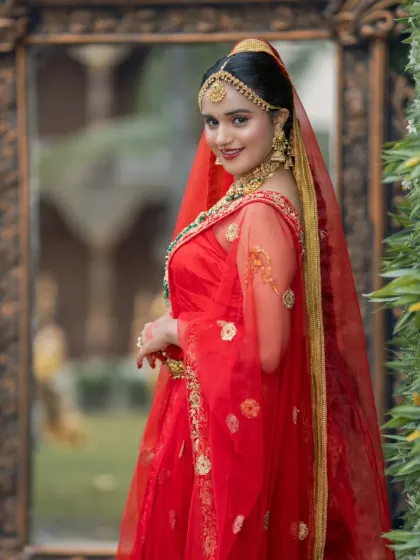 A student's work on a North Indian style bridal look in a vibrant red lehenga.