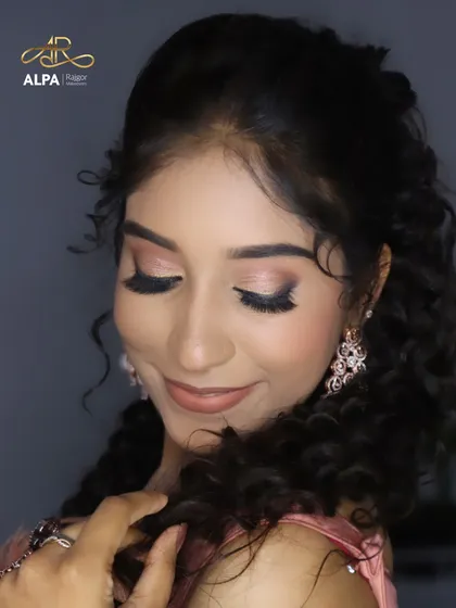 A close-up of the soft glam eye makeup with long lashes, perfect for a romantic Sangeet or reception look.