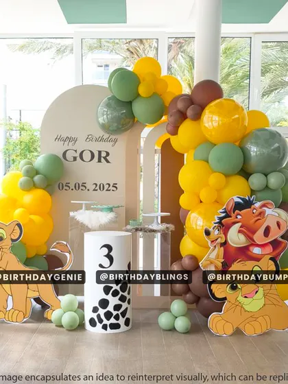 This Lion King decor for a third birthday features character cutouts of Simba, Timon, and Pumbaa against a custom arch backdrop and a green and yellow balloon arrangement.