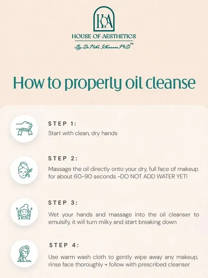 Here is the proper way to oil cleanse. Start with dry hands and a dry face, massage the oil for 60-90 seconds, then add water to emulsify before rinsing and following up with your prescribed cleanser.