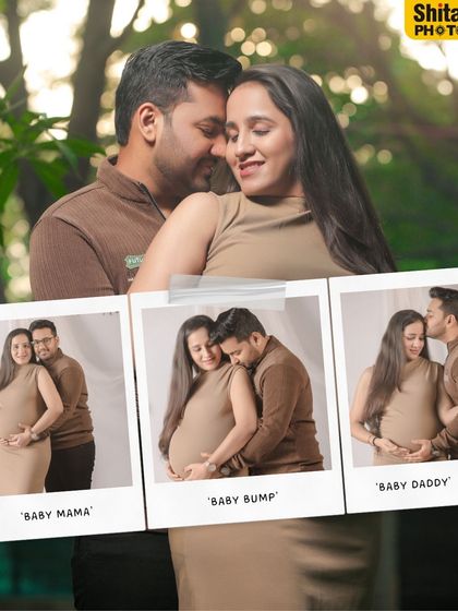 Using a polaroid frame style adds a nostalgic and personal touch to these outdoor maternity photos. The natural setting and warm embraces create a story of love and anticipation.
