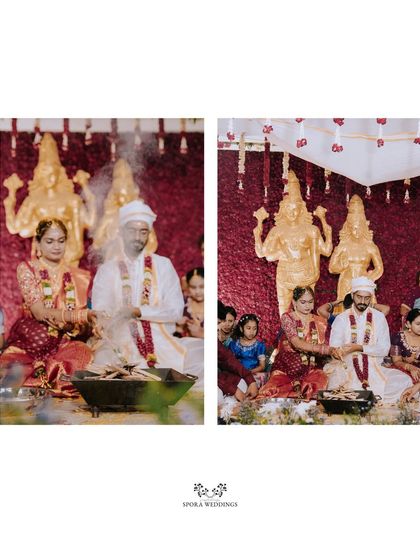 A diptych capturing the sacred moments of the wedding ceremony, with smoke rising from the holy fire.