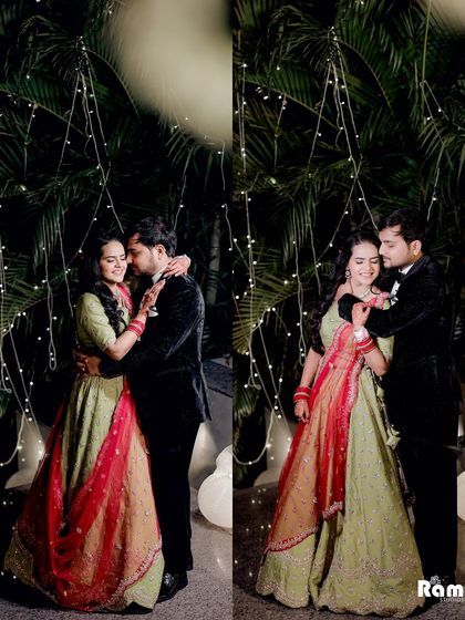 This collage captures the fun and romance of an evening engagement party. The fairy lights and the couple's happy interactions create a magical and celebratory atmosphere.