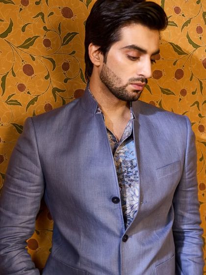 A closer look at the blue linen jacket, paired with a printed shirt. This shows how my pieces can be styled in different ways to suit individual tastes.