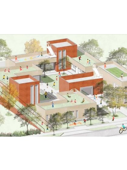 This render for Adarsh Gram shows how rooftops can be transformed into active play areas and green spaces, a key feature of our community-centric rural planning.