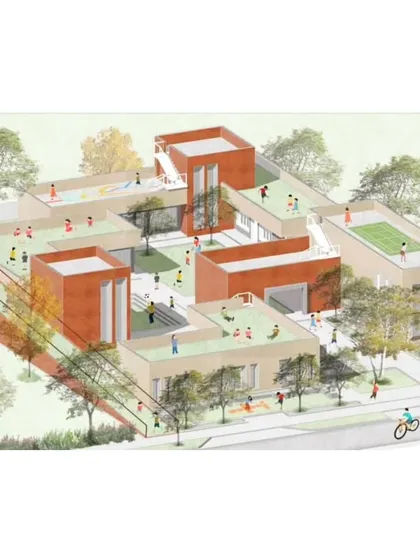 This render for Adarsh Gram shows how rooftops can be transformed into active play areas and green spaces, a key feature of our community-centric rural planning.