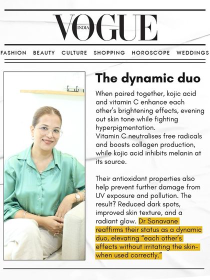 As I confirmed with Vogue India, Vitamin C and Kojic Acid are a dynamic duo. Vitamin C neutralizes free radicals and boosts collagen, while Kojic Acid inhibits melanin at its source. Together, they enhance each other's effects for a radiant glow.