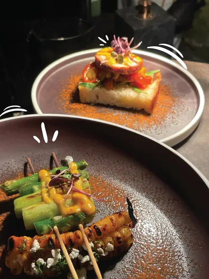 A duo of our artfully plated appetizers. On display are grilled asparagus skewers and a savory toast topped with fresh ingredients, both finished with a sprinkle of spice, demonstrating our commitment to flavor and presentation.