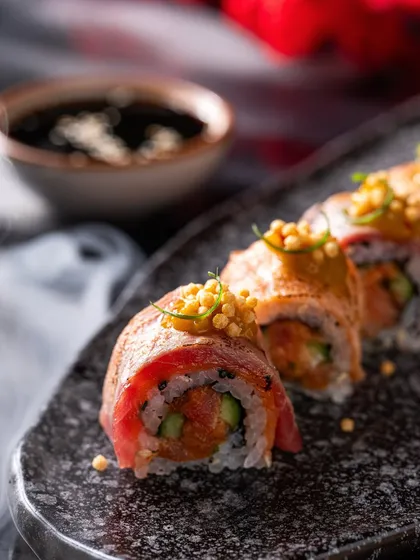 A modern take on sushi. Our Avocado Temari Sushi is topped with spicy Tobanjan Aioli and crunchy Bubu Arare for a delightful mix of textures and flavours.