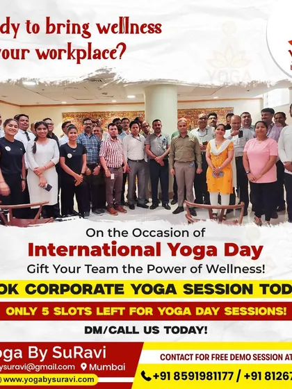 A snapshot from a corporate session on International Yoga Day. We create a supportive environment where team members can connect and de-stress together, fostering better team cohesion and morale.