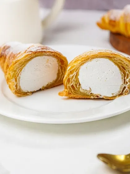 A cream-filled pastry horn, cut to reveal the fluffy white filling. The clean, bright styling is perfect for showcasing delicate and light bakery items.