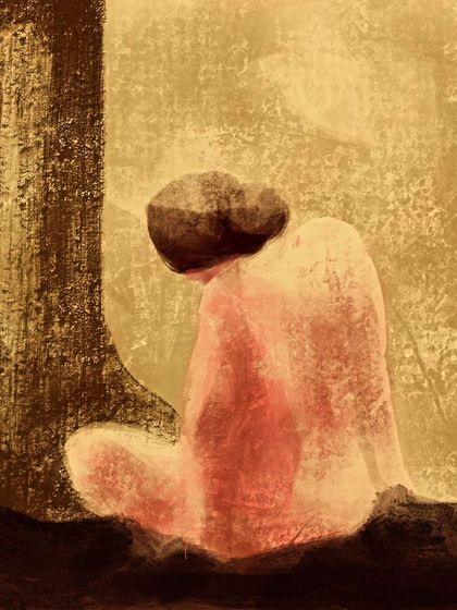 The final image for "Abstract 6." A lone figure sits by a tree, rendered in soft, earthy tones to evoke a sense of quiet contemplation.