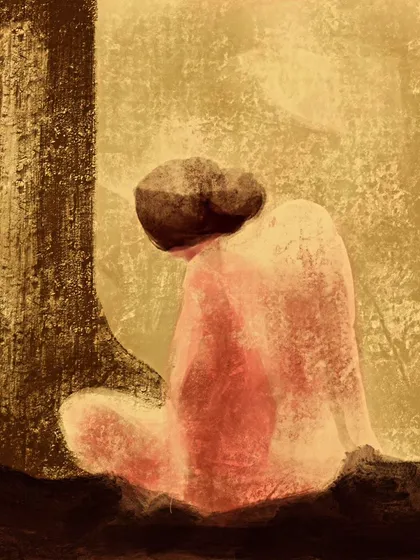 The final image for "Abstract 6." A lone figure sits by a tree, rendered in soft, earthy tones to evoke a sense of quiet contemplation.