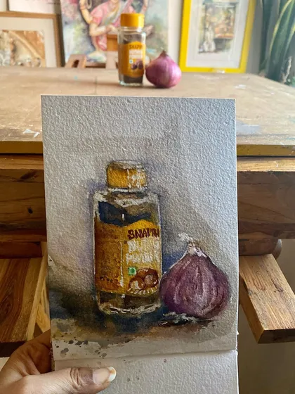 A quick still life sketch of random things from my kitchen, an onion and a bottle of hing. It's a great exercise to find beauty in everyday objects.