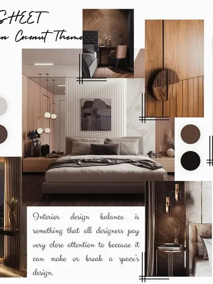 A concept sheet based on a "Coconut Theme," focusing on warm, earthy tones and natural materials like wood. The board highlights balance and symmetry as key design principles.
