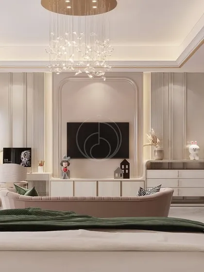 This view from the bed in the daughter's room shows the elegant TV wall with its custom console and statement chandelier. The soft pastel palette and refined finishes create a chic and timeless look.