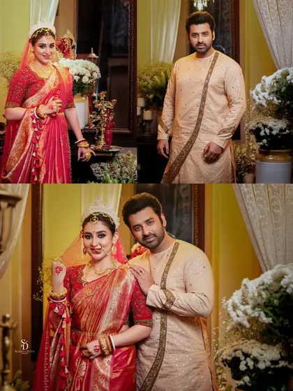 A diptych of actors Ankush Hazra and Oindrila Sen in traditional Bengali wedding attire. These shots capture both individual portraits and their chemistry as a couple for a commercial shoot.