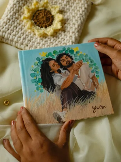 Art can be part of your love story in so many ways. I painted this custom couple portrait to be used as the cover for a beautiful wedding album, making their memories even more personal and unique.
