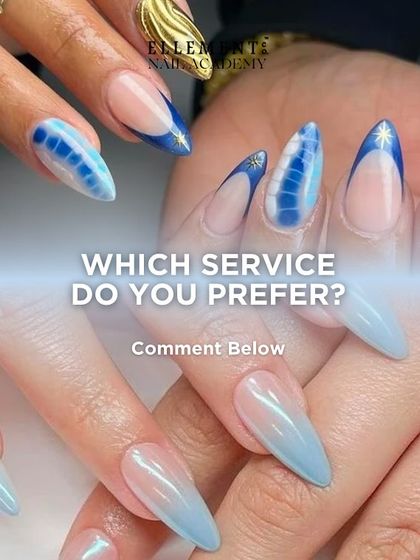 Which service do you prefer? This image showcases two different stunning extension styles, one with bold 3D gold art and the other with a dreamy, iridescent finish.