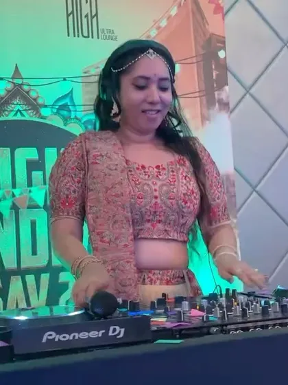 Mixing live at the High Dandiya Utsav. I love wearing traditional outfits like this lehenga to match the festive vibe of sangeets and Navratri events.