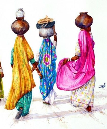Siva Balan is a master of capturing the essence of Indian culture. This watercolor painting of women in a rural setting is alive with color and movement, telling a story of community and daily tradition.