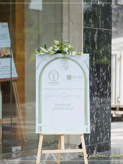 The welcome sign at the grand opening of our Ahmedabad store. Every detail is curated to reflect the Madihah brand, from the elegant font to the fresh floral arrangements.