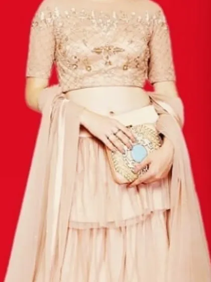 A modern take on the lehenga, this set features a tiered net skirt paired with a beautifully embroidered half-sleeve blouse. The neutral tones make it a versatile choice for various occasions, from engagement parties to receptions.
