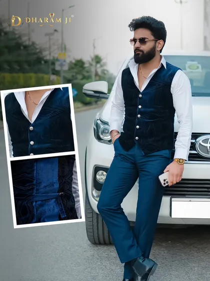 A full look of the blue velvet waistcoat paired with a crisp white shirt and tailored trousers. This is a great way to create a smart-casual look for a party.