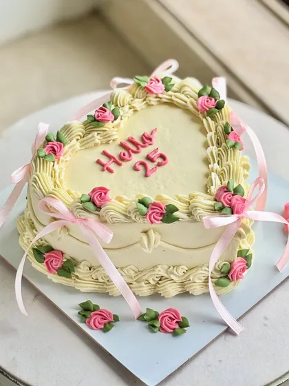 Another angle of the "Hello 25" vintage heart cake, with its pastel rosettes and delicate pink ribbons, perfect for a dreamy celebration.