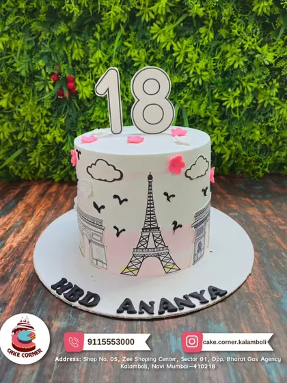 A chic Paris-themed cake for Ananya's 18th birthday. The hand-drawn Eiffel Tower and other landmarks create a sophisticated and dreamy vibe for this special milestone.