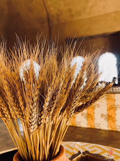 A close-up of the dried wheat stalks in a terracotta pot. This simple, organic element added a beautiful texture and a touch of rural charm to the decor.