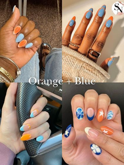 Orange and blue is a bold and energetic color combination. This collage features fun and creative designs, including floral art and abstract patterns.
