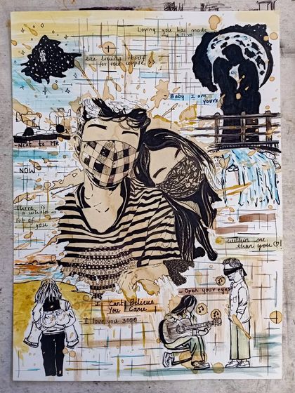 The full view of a complex memory collage. It includes portraits, scenes, and text, all layered over a coffee-stained background to create a rich, textured piece of personal history.