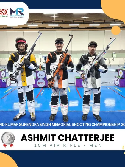 The podium moment for our shooter Ashmit Chatterjee (center), who won Silver in the Senior Men category at the 22nd Kumar Surendra Singh Memorial Shooting Championship.