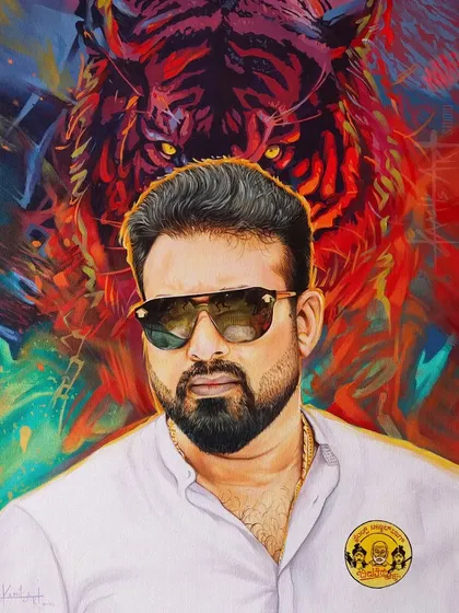 This acrylic portrait showcases a powerful and modern style, using bold colors and an abstract background with a tiger to reflect the subject's personality.