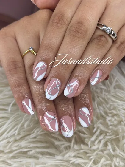 A beautiful abstract design using white and silver lines over a neutral pink base. It looks like delicate marble.