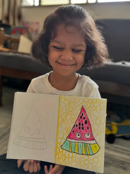 This delightful watermelon slice drawing is the work of a junior KG student. We start with simple outlines and then fill them with patterns and colours, making learning art a playful experience.