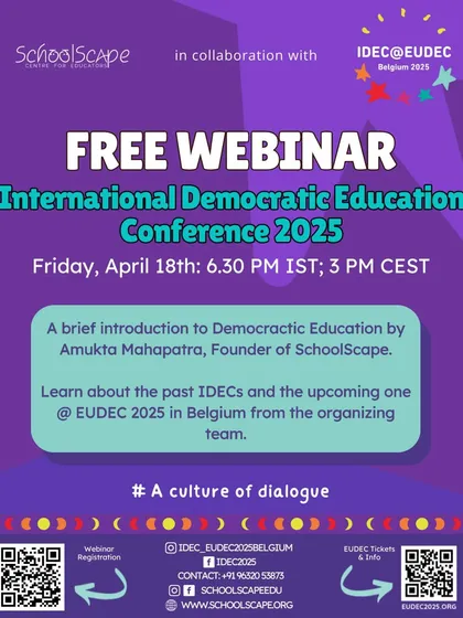 The poster for our introductory webinar on Democratic Education, held in collaboration with the IDEC team to foster a culture of dialogue.
