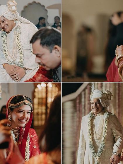 A collage of candid moments from Tanya and Suyash's wedding ceremony. It captures the smiles, the rituals, and the loving glances shared between the couple and their families.