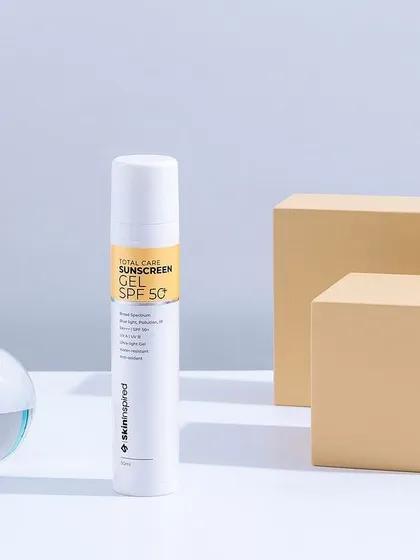 A clean and scientific look for a sunscreen gel. The neutral props and simple composition give the product a trustworthy and effective feel.