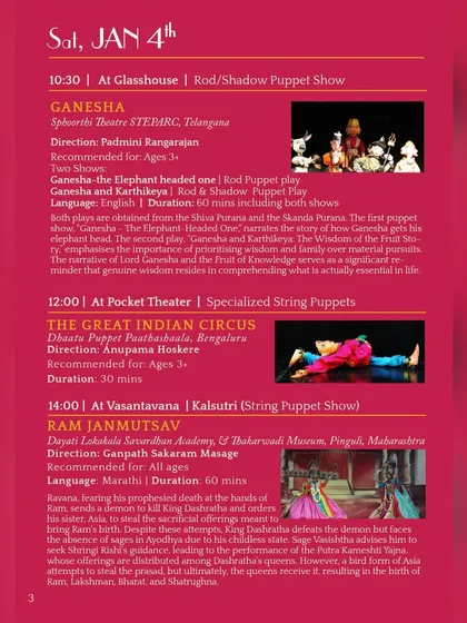 A detailed look at the Day 2 schedule for our 2025 festival, with descriptions of 'Ganesha', 'The Great Indian Circus', and 'Ram Janmutsav'.