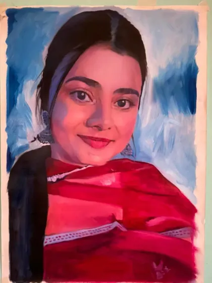 A beautiful oil portrait of a woman in a red dupatta. The play of light and shadow on her face and the vibrant color make this a striking piece.