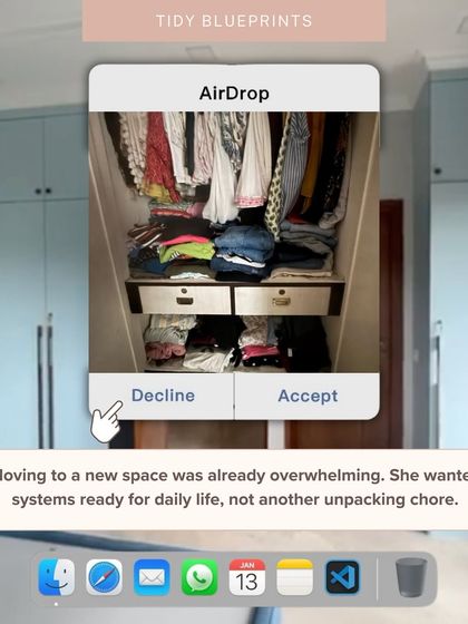 Moving to a new space was already overwhelming for this client. She wanted systems ready for daily life, not another unpacking chore. This image creatively shows the "before" state of a cluttered closet, ready for transformation.