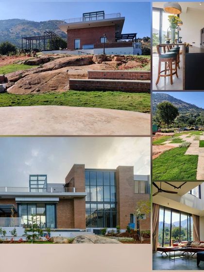 A collage showcasing the various elements of our Nandi Hills project. It highlights the integration of the brick and glass home with its rocky landscape, the open plan interiors, and the carefully designed outdoor living areas.