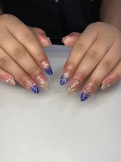 A creative design with a mix of blue and gold, featuring a 3D fan-like texture.