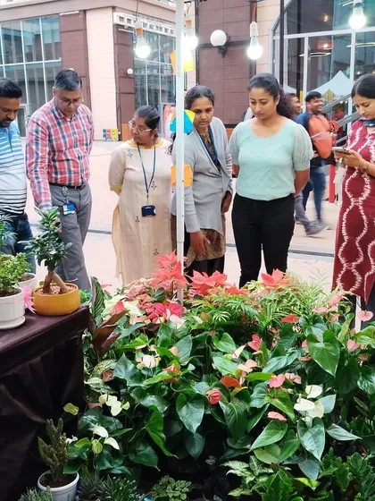 It's wonderful to see so many people interested in bringing plants into their lives. A group of visitors are browsing the selection at my stall during a busy tech fest bazaar.