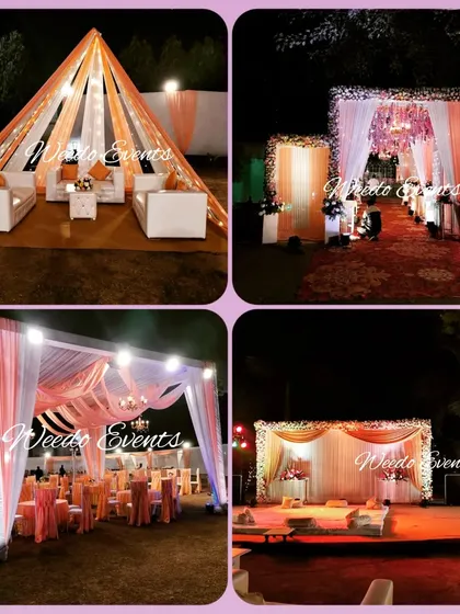 This collage displays a cohesive rose gold and peach wedding theme, including a canopy lounge, a grand floral entrance, guest seating, and the main stage, showing how I tie all elements together.