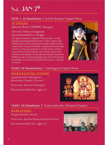 The schedule for Day 2 of the 2023 festival, featuring a rod and shadow puppet show '31 Dosas' and a Yakshagana puppet show 'Narakasura Vadhe'.