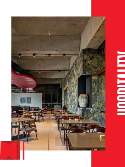 This image from our award-winning Radisson Resort project highlights the use of natural stone in the restaurant, creating a powerful connection to the local geology.