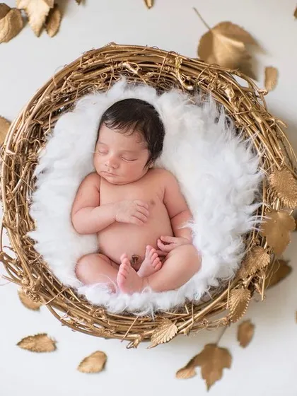 This is the kind of timeless art I love to create. We nestled this precious newborn into a soft, golden nest, surrounded by delicate leaves, capturing the pure and peaceful sleep of their first few days. Every detail is planned to create a beautiful, serene portrait you will treasure forever.